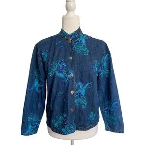 Chico's Embroidered Paisley Denim Spring Jacket Size Small